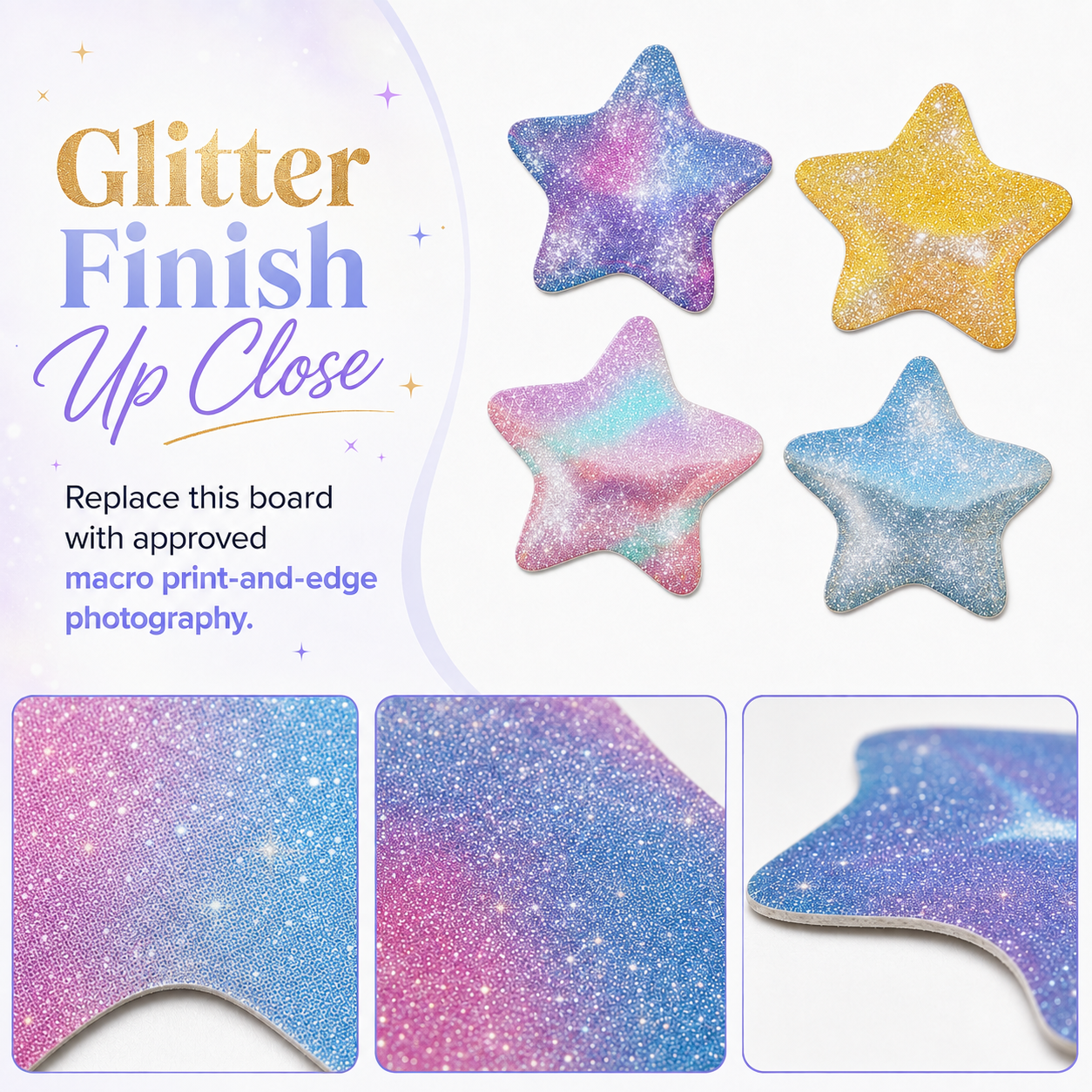 Glitter holographic sticker finish close-up