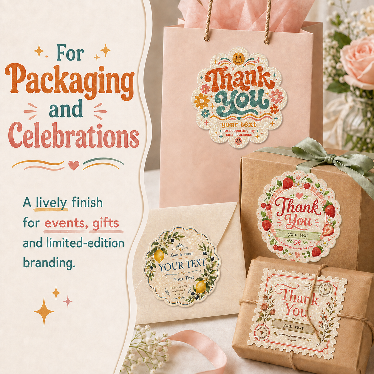 Glitter stickers for packaging and celebrations