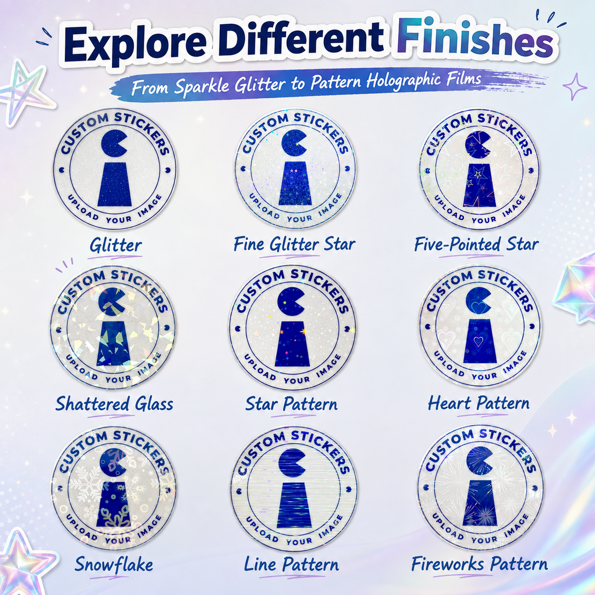 Different glitter holographic sticker finishes