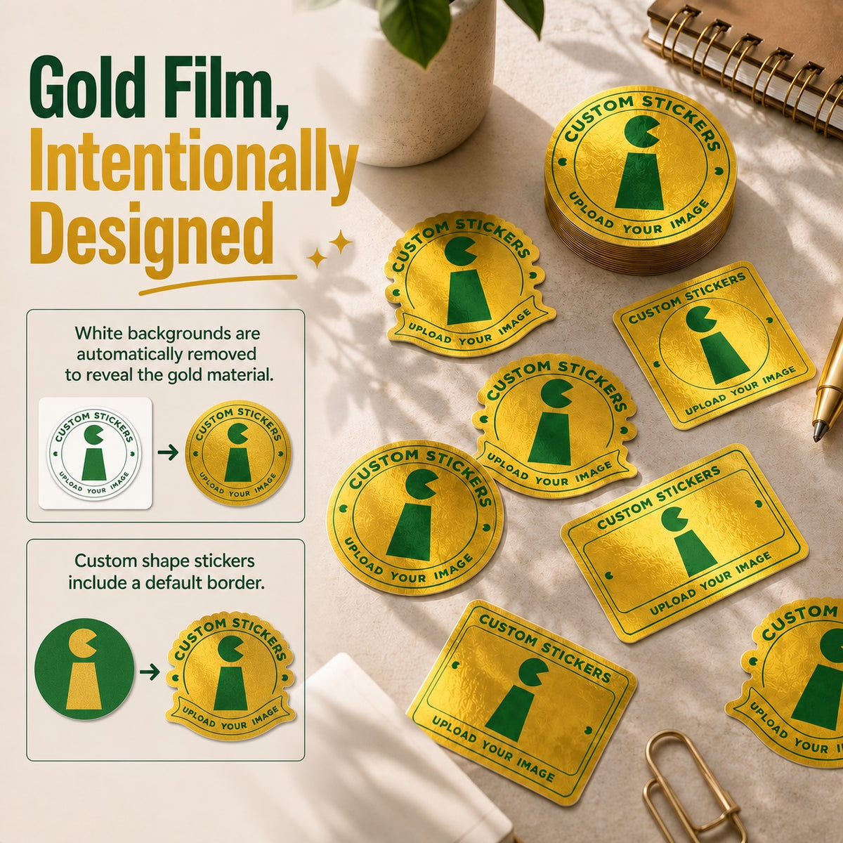 Gold metallic film designed for custom stickers