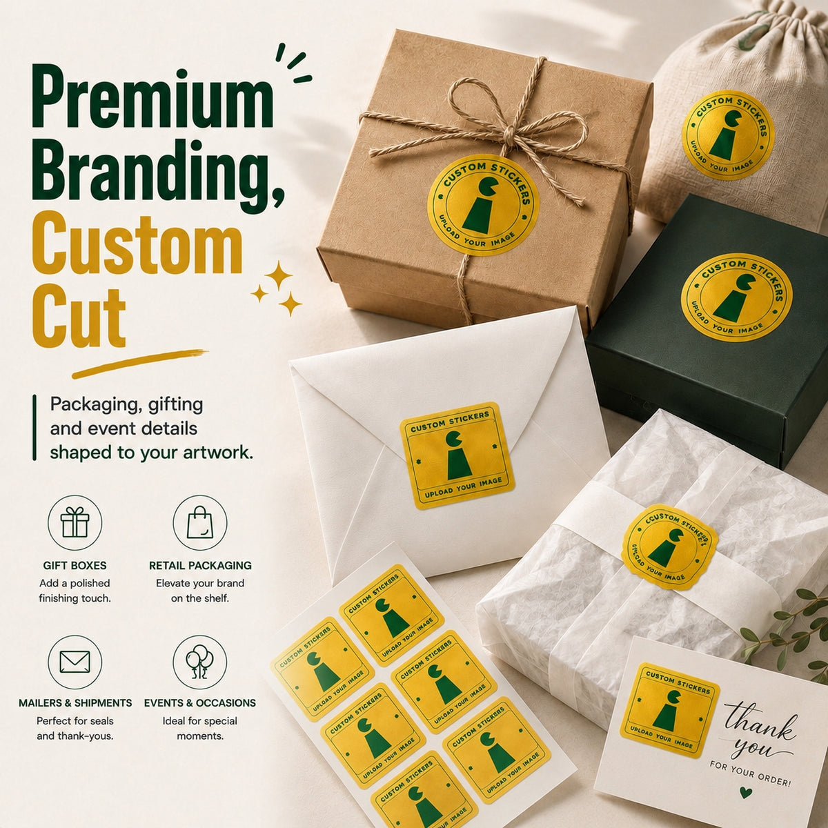 Premium gold metallic stickers for branding and packaging