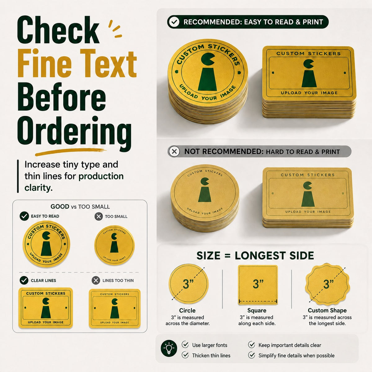 Fine text and border guidance for gold metallic stickers