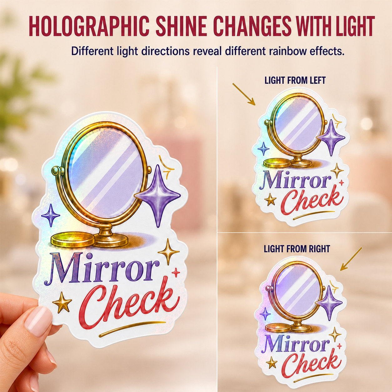 Holographic sticker rainbow effect changing with light direction