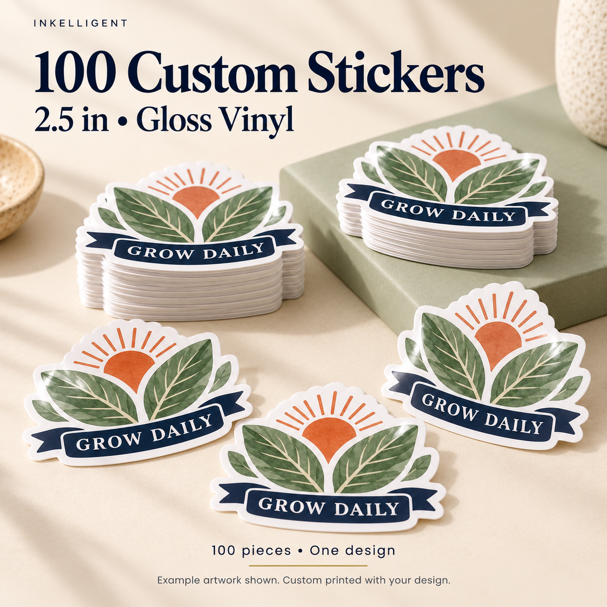 Inkelligent 100 custom 2.5 inch gloss vinyl stickers; one example artwork design. 01 main