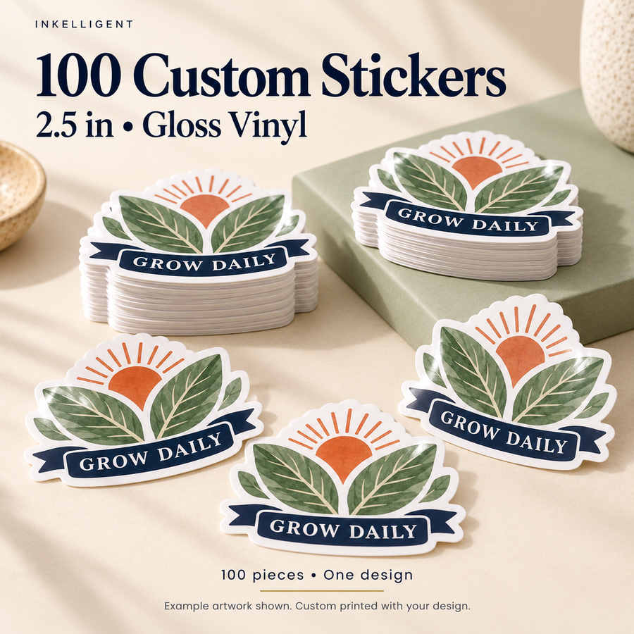 Inkelligent 100 custom 2.5 inch gloss vinyl stickers; one example artwork design. 01 main