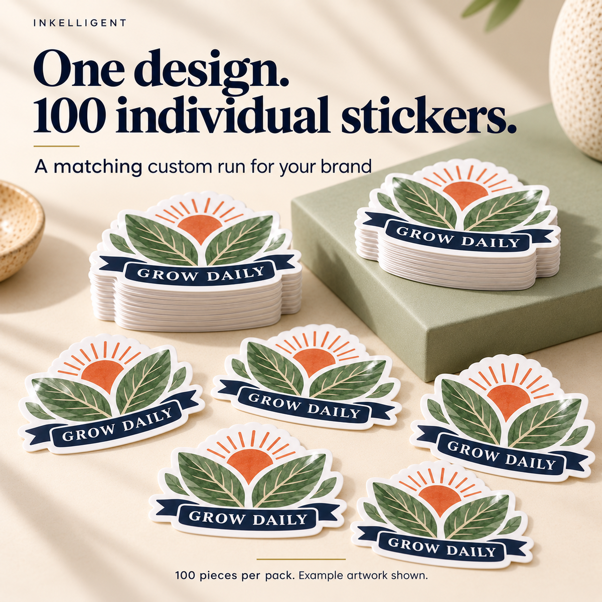 Inkelligent 100 custom 2.5 inch gloss vinyl stickers; one example artwork design. 04 pack contents