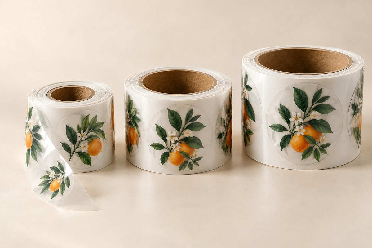 Illustrative clear label rolls showing different kraft paper core opening sizes