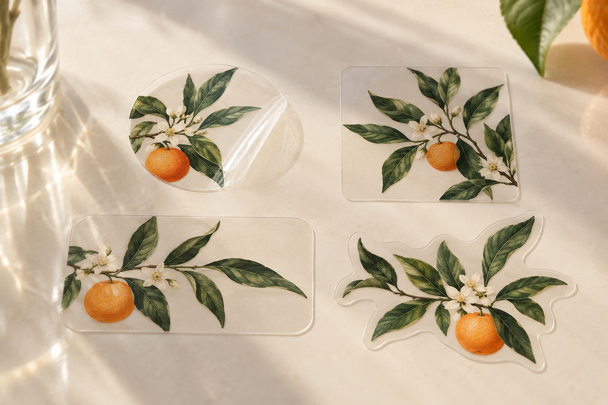 Circle, square, rounded rectangle and custom contour examples in clear glossy label film