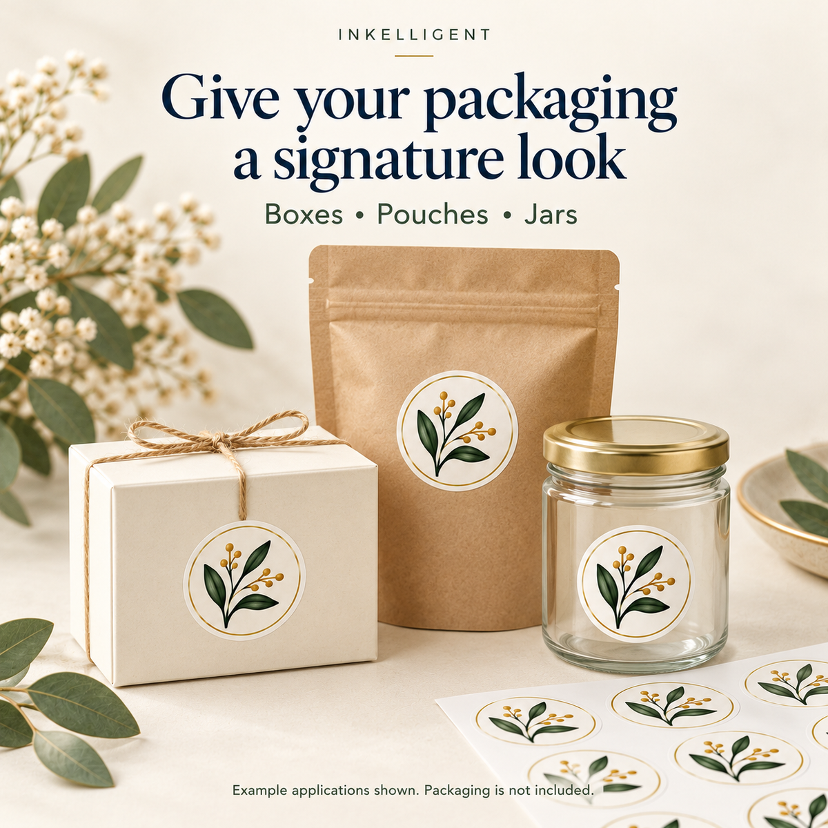 Inkelligent custom sheet labels; example artwork and layout. 04 packaging applications