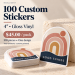 100 custom 4-inch gloss vinyl stickers, $45 per pack, GOOD THINGS example design