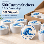 500 custom 2.5-inch gloss vinyl stickers, $81 per pack, WAVE STUDIO example design