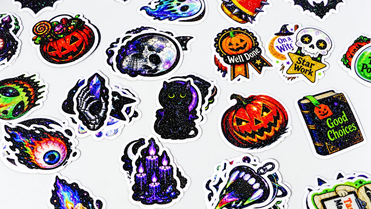 Fine glitter holographic custom stickers with Halloween designs on a white background