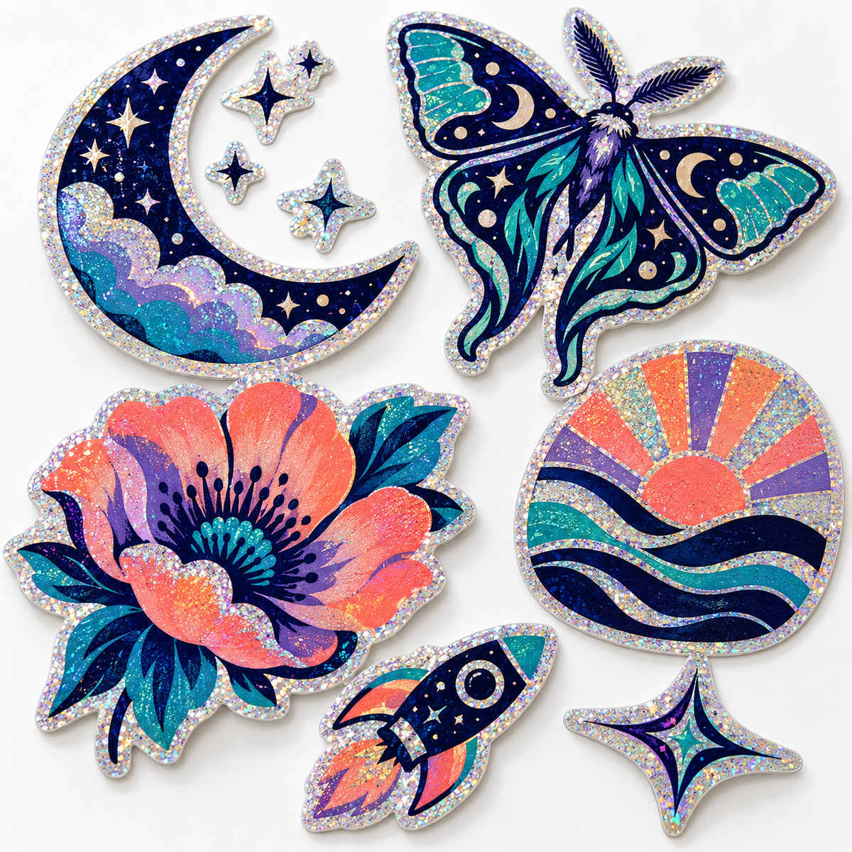 Custom die-cut glitter holographic stickers with fine multicolored sparkle and original moon, moth, flower and rocket artwork on white