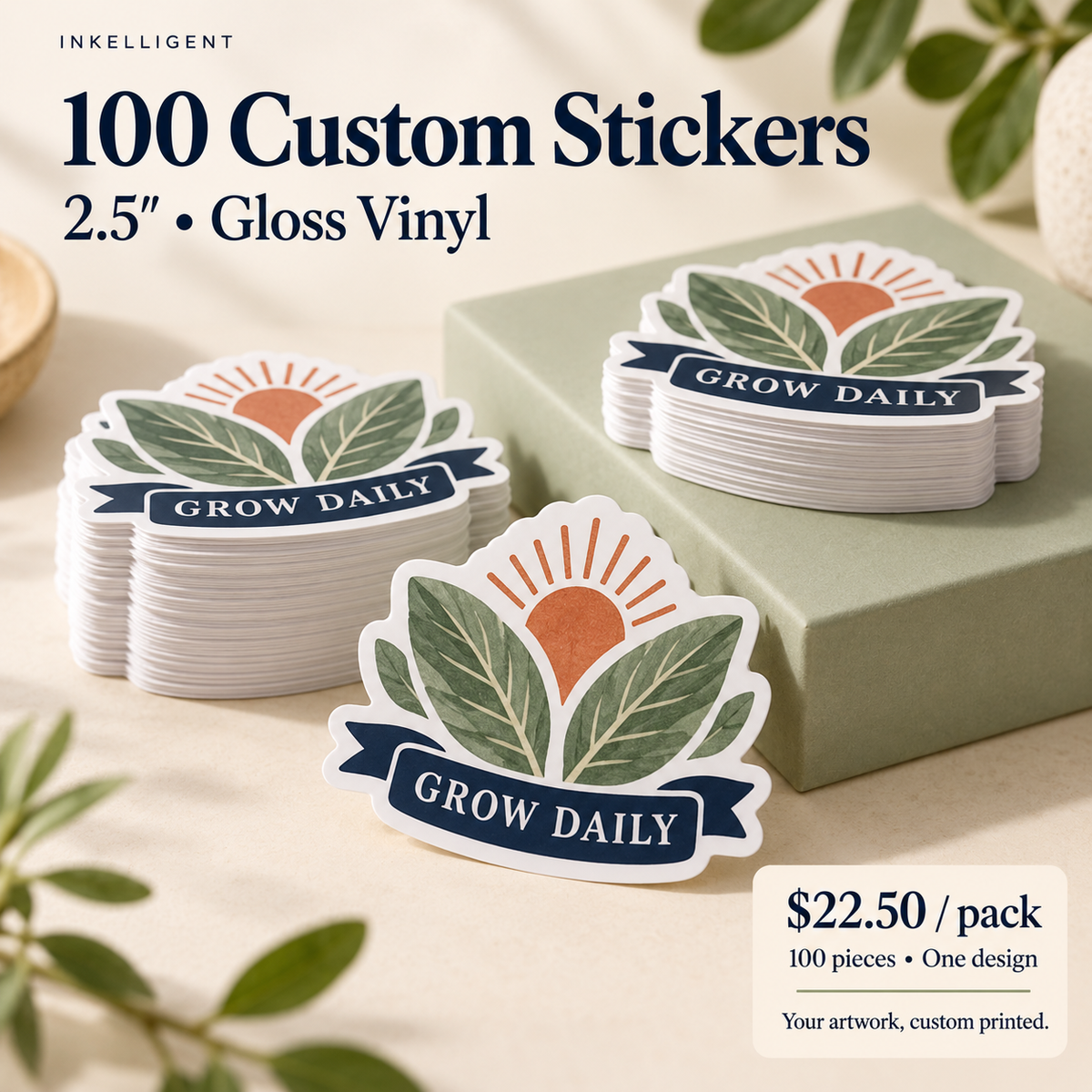 Inkelligent 100-2-5 custom gloss vinyl sticker pack, original GROW DAILY botanical example design