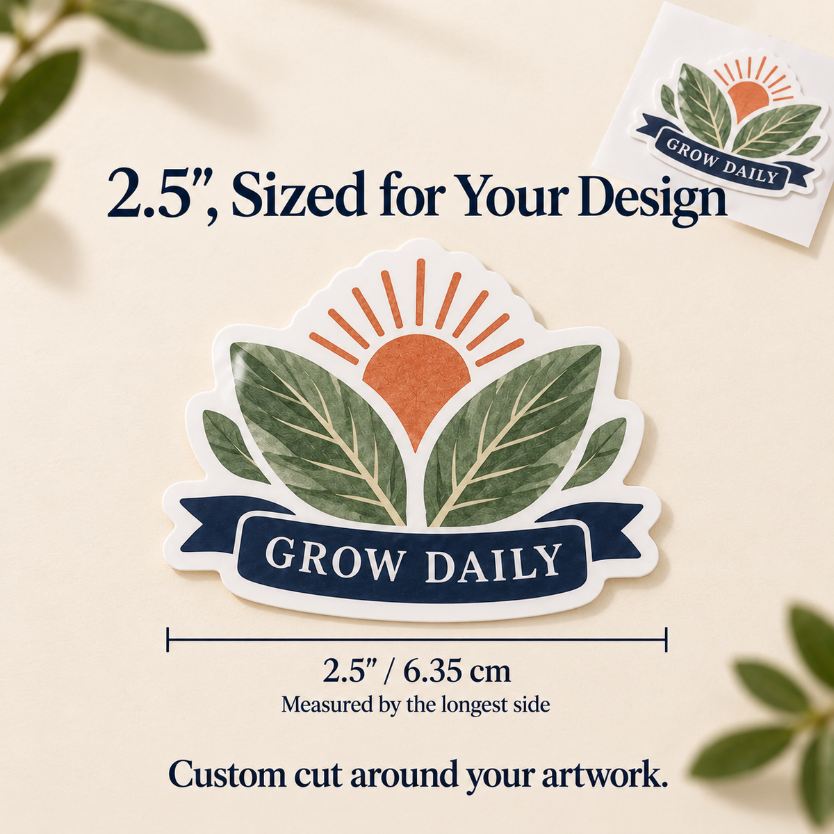 GROW DAILY botanical custom gloss vinyl stickers - 2.5-inch longest-side size guide