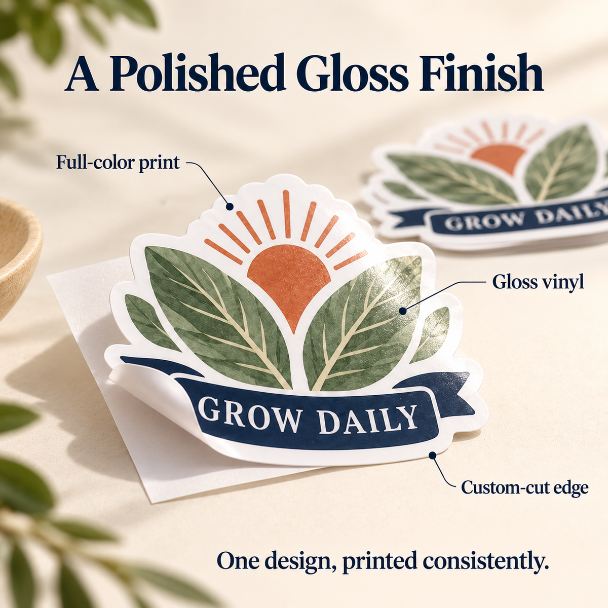 GROW DAILY botanical custom gloss vinyl stickers - gloss finish and print detail