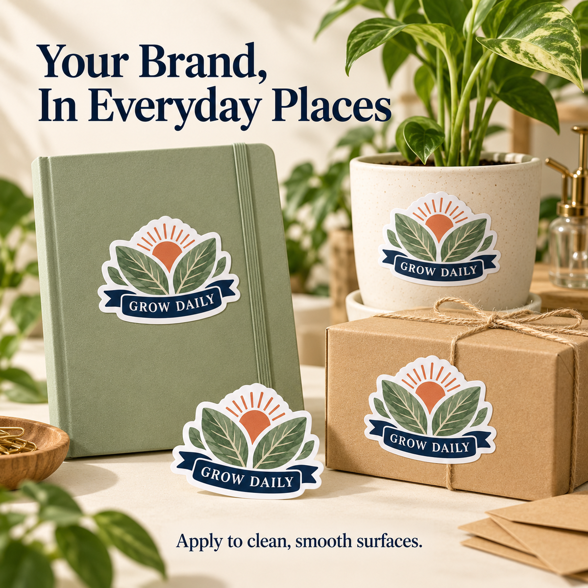 GROW DAILY botanical custom gloss vinyl stickers - packaging and everyday application examples