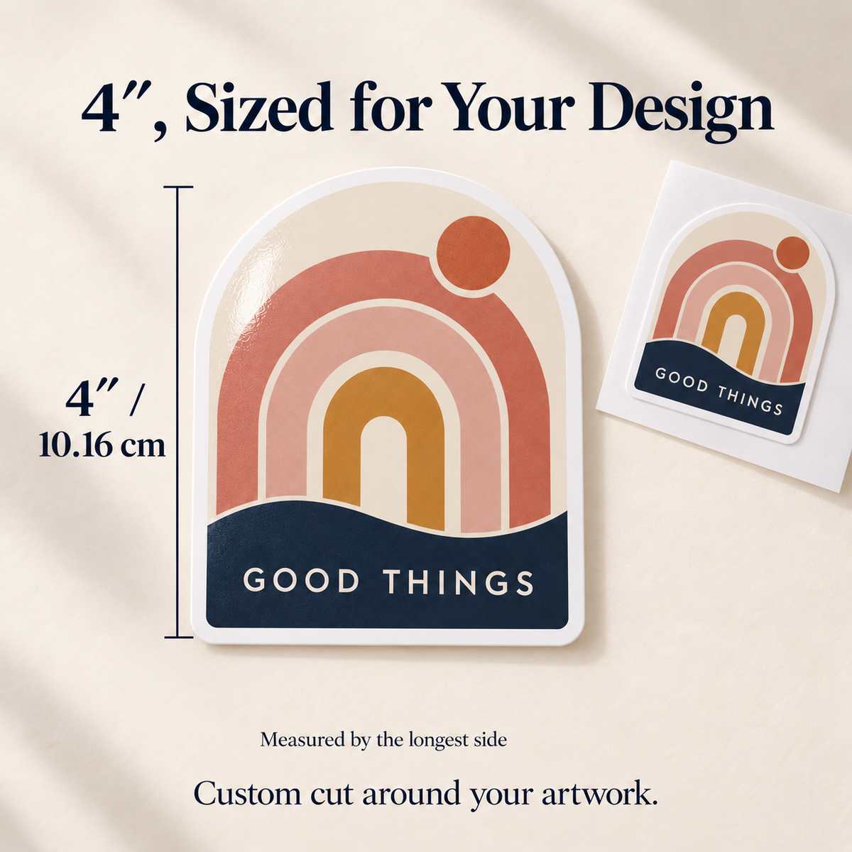 GOOD THINGS custom gloss vinyl stickers - 4-inch longest-side size guide