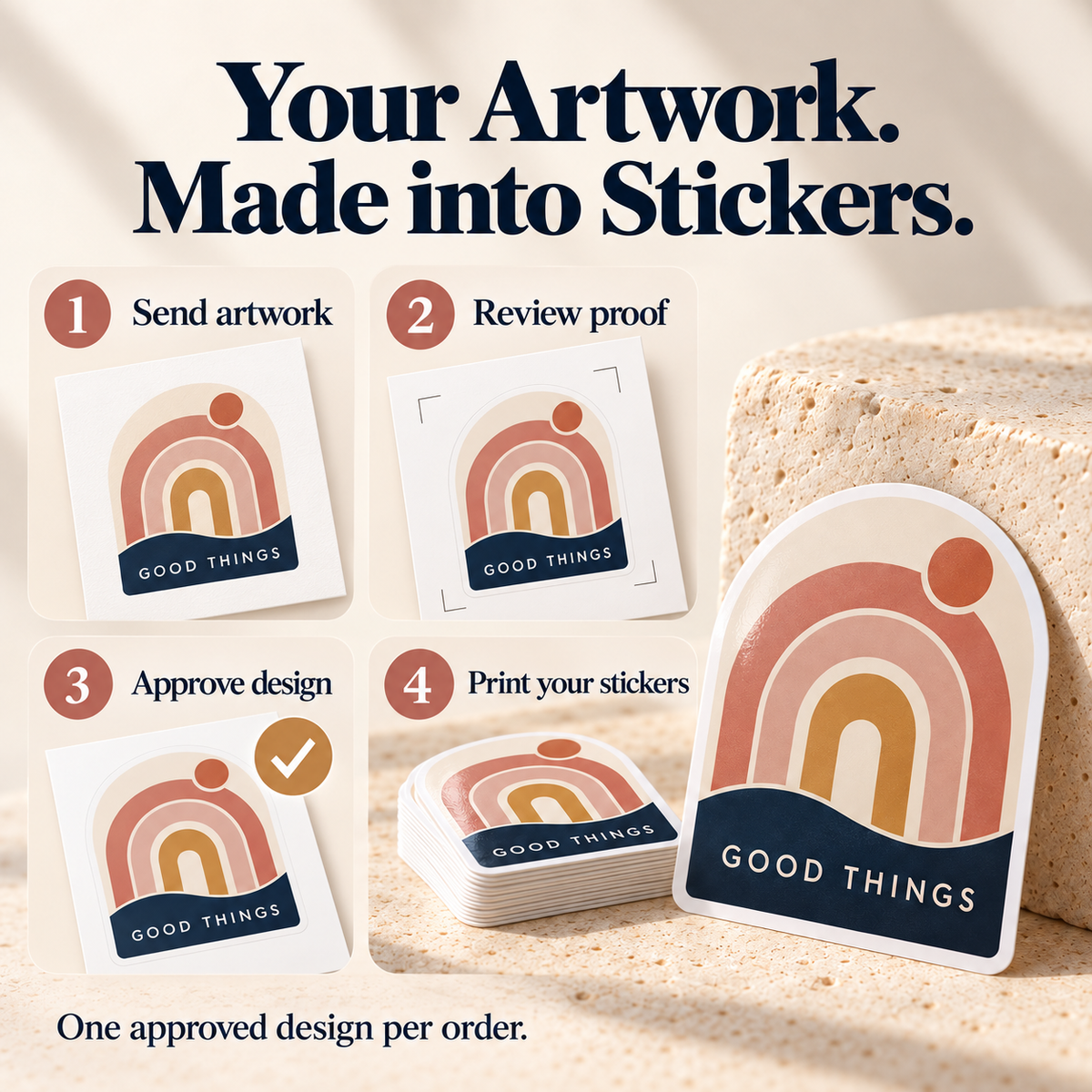 GOOD THINGS custom gloss vinyl stickers - artwork, proof, approval and print process