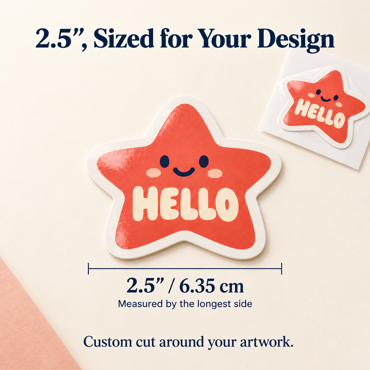 2.5-inch custom vinyl sticker size guide with original HELLO star example