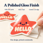 Gloss vinyl, full-color print and custom-cut edge detail of HELLO star sticker