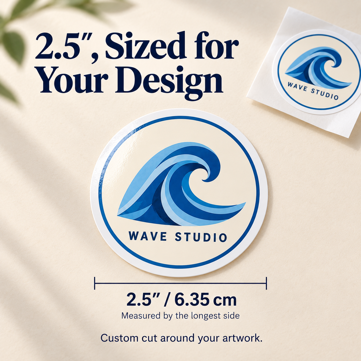 WAVE STUDIO custom gloss vinyl stickers - 2.5-inch longest-side size guide