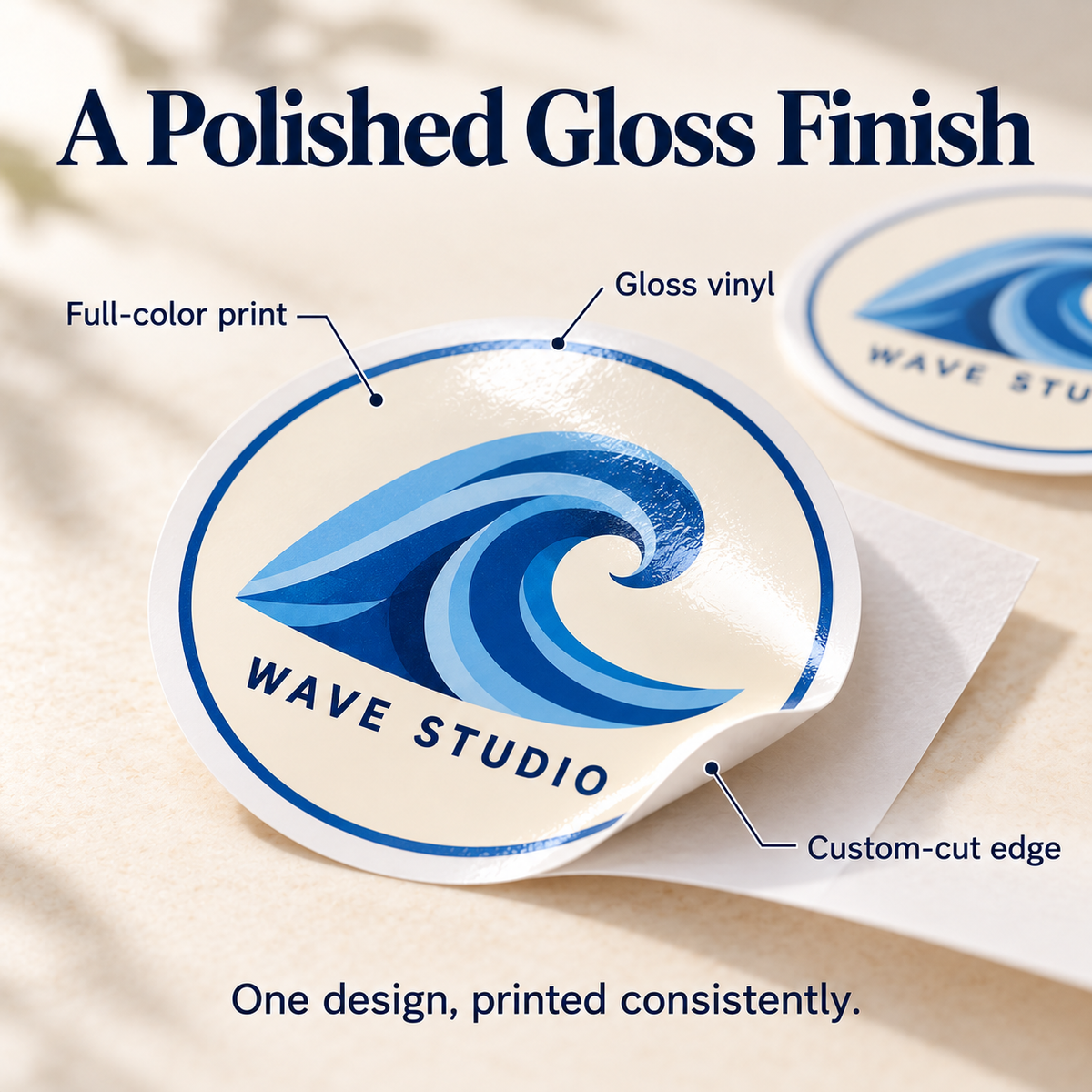 WAVE STUDIO custom gloss vinyl stickers - gloss finish and print detail