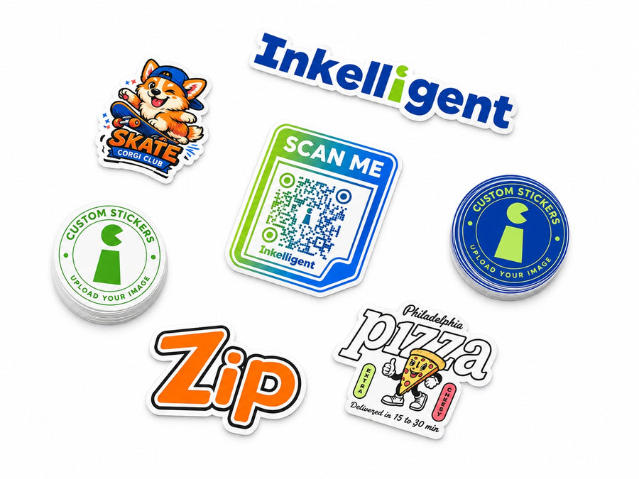 Custom white vinyl die-cut stickers with Inkelligent logos, a QR code, corgi, Zip and pizza designs
