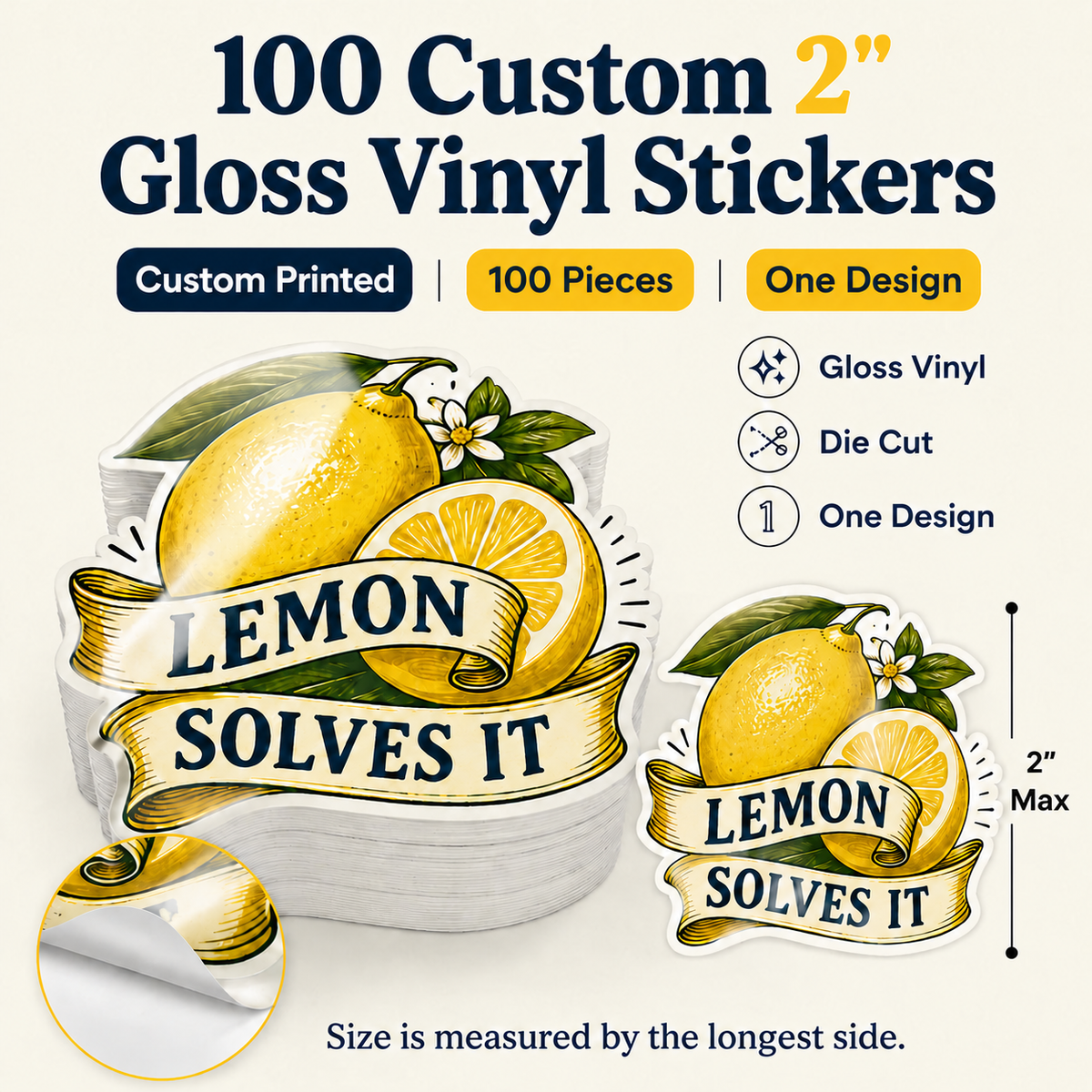 100 custom 2-inch gloss vinyl stickers – 100 pieces, one design