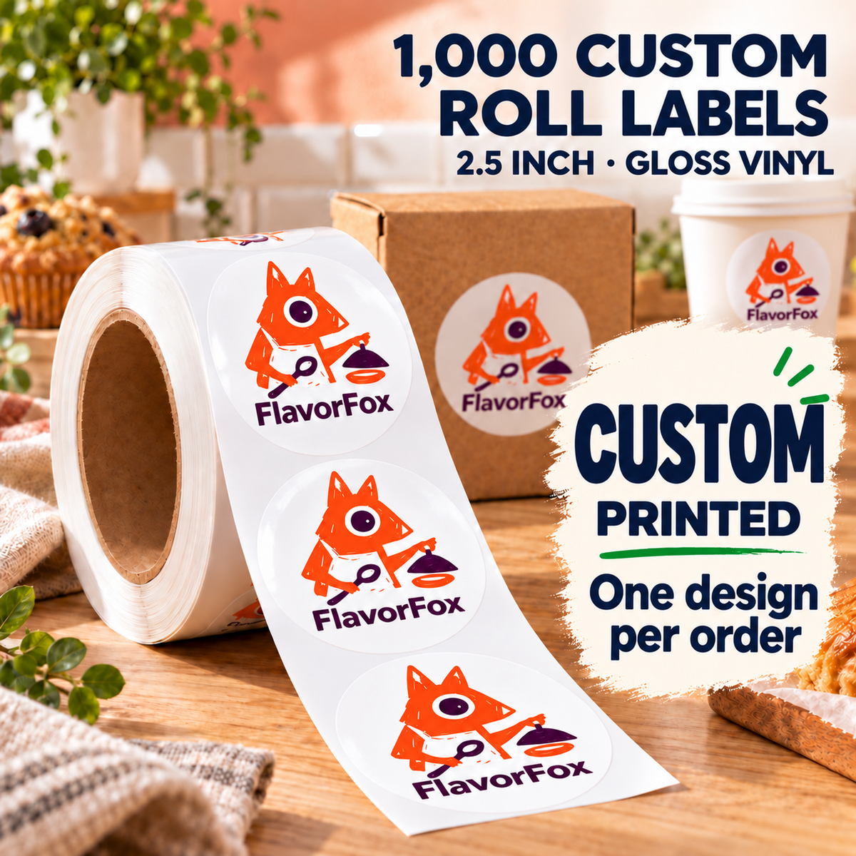 2.5-inch custom gloss vinyl roll labels, 1,000 labels with one design per order