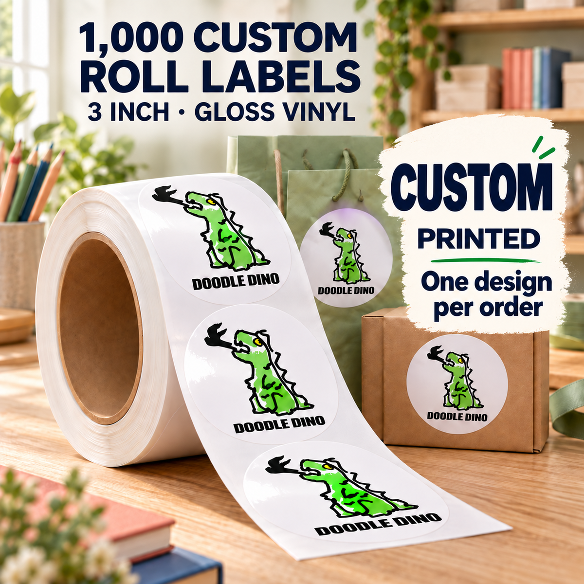 3-inch custom gloss vinyl roll labels, 1,000 labels with one design per order