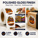 Polished gloss custom roll labels with sharp color, clean cut, and continuous liner