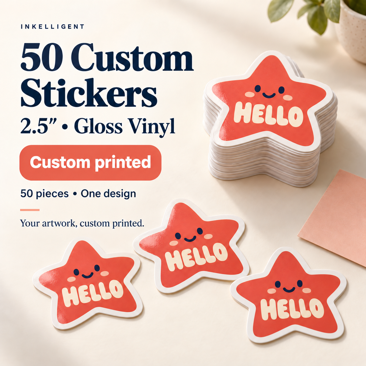 Inkelligent 50-2-5 custom gloss vinyl sticker pack, original HELLO star example design