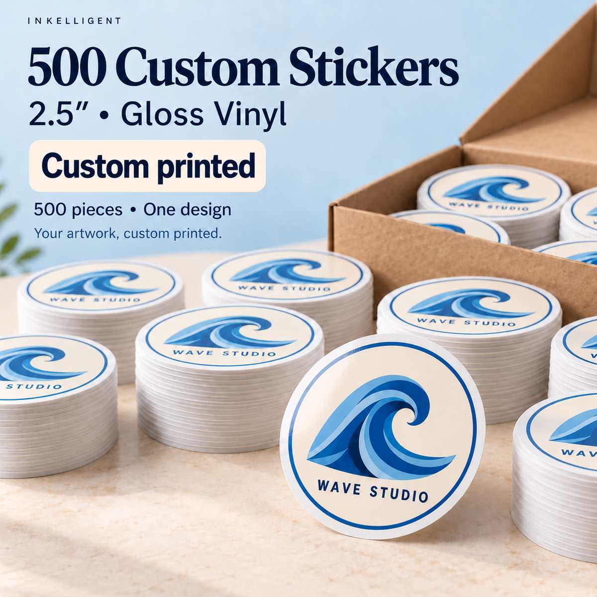 500 custom 2.5-inch gloss vinyl stickers, WAVE STUDIO example design