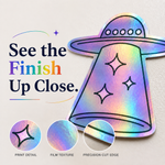 Iridescent holographic sticker finish close-up
