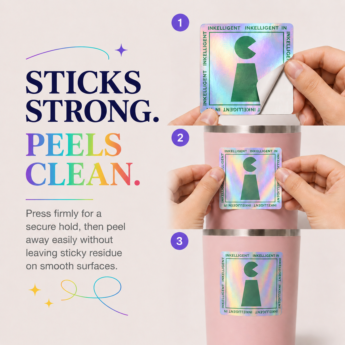 Holographic stickers with strong hold and clean removal