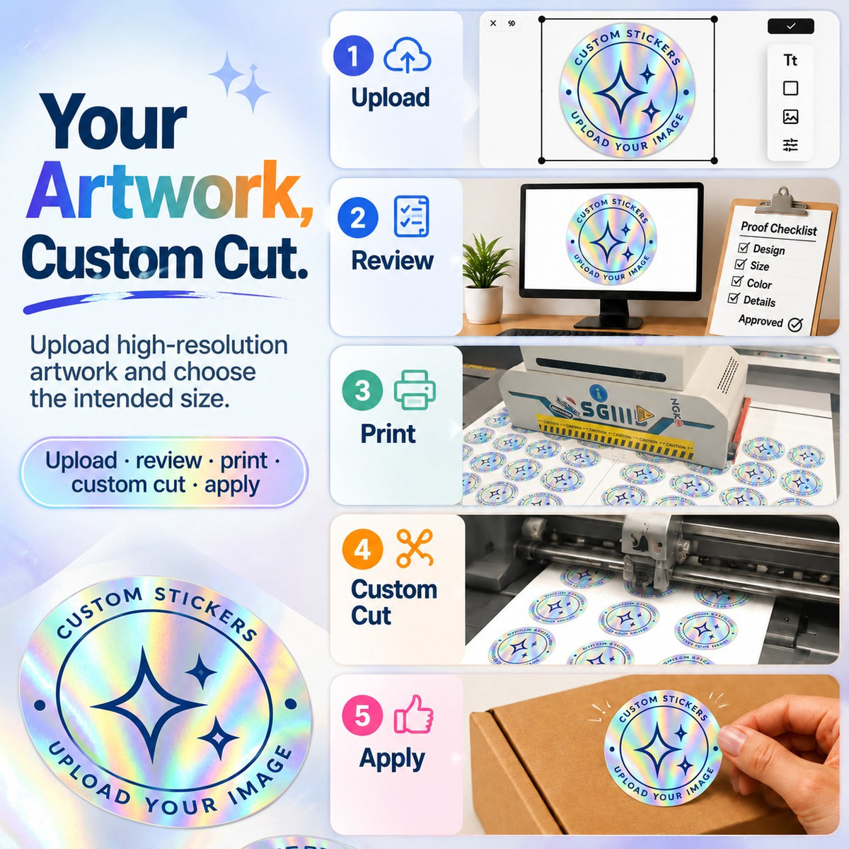 Custom holographic sticker ordering workflow