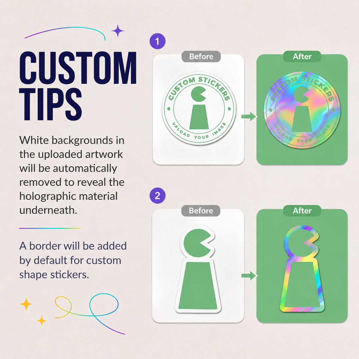 Holographic sticker artwork and white background tips