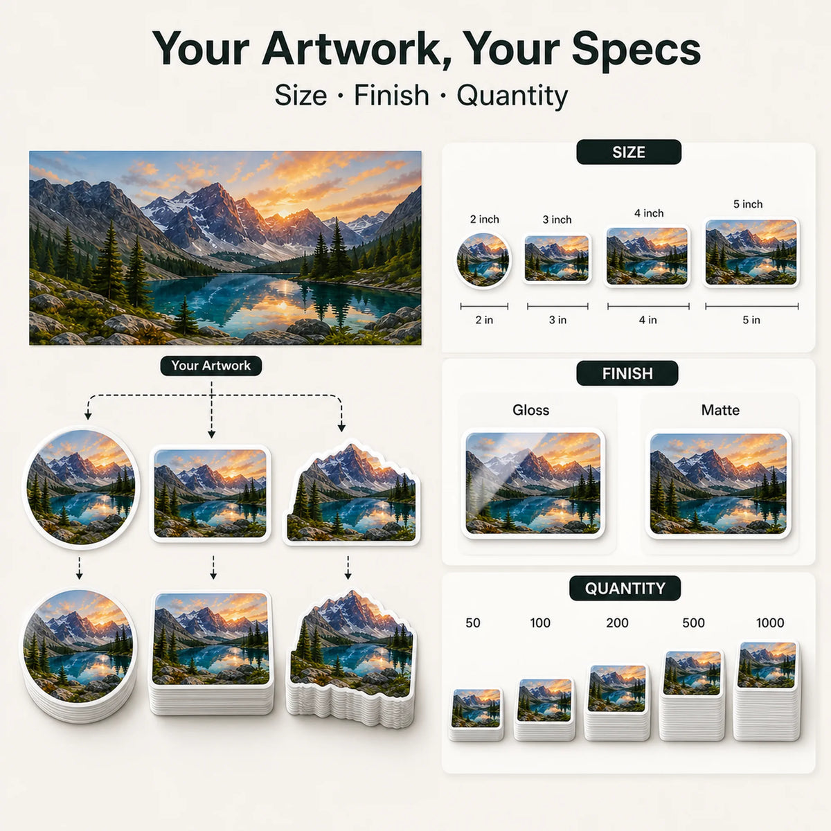 Landscape Stickers — artwork, finish, and quantity options
