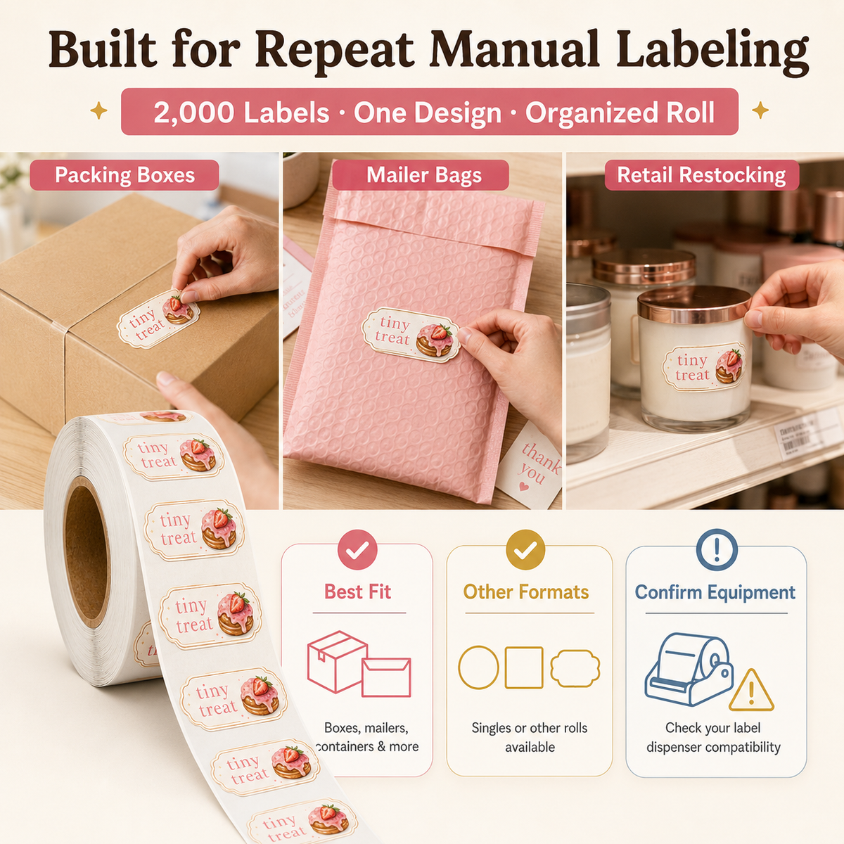 2000 custom roll labels for repeat manual packaging and fulfillment