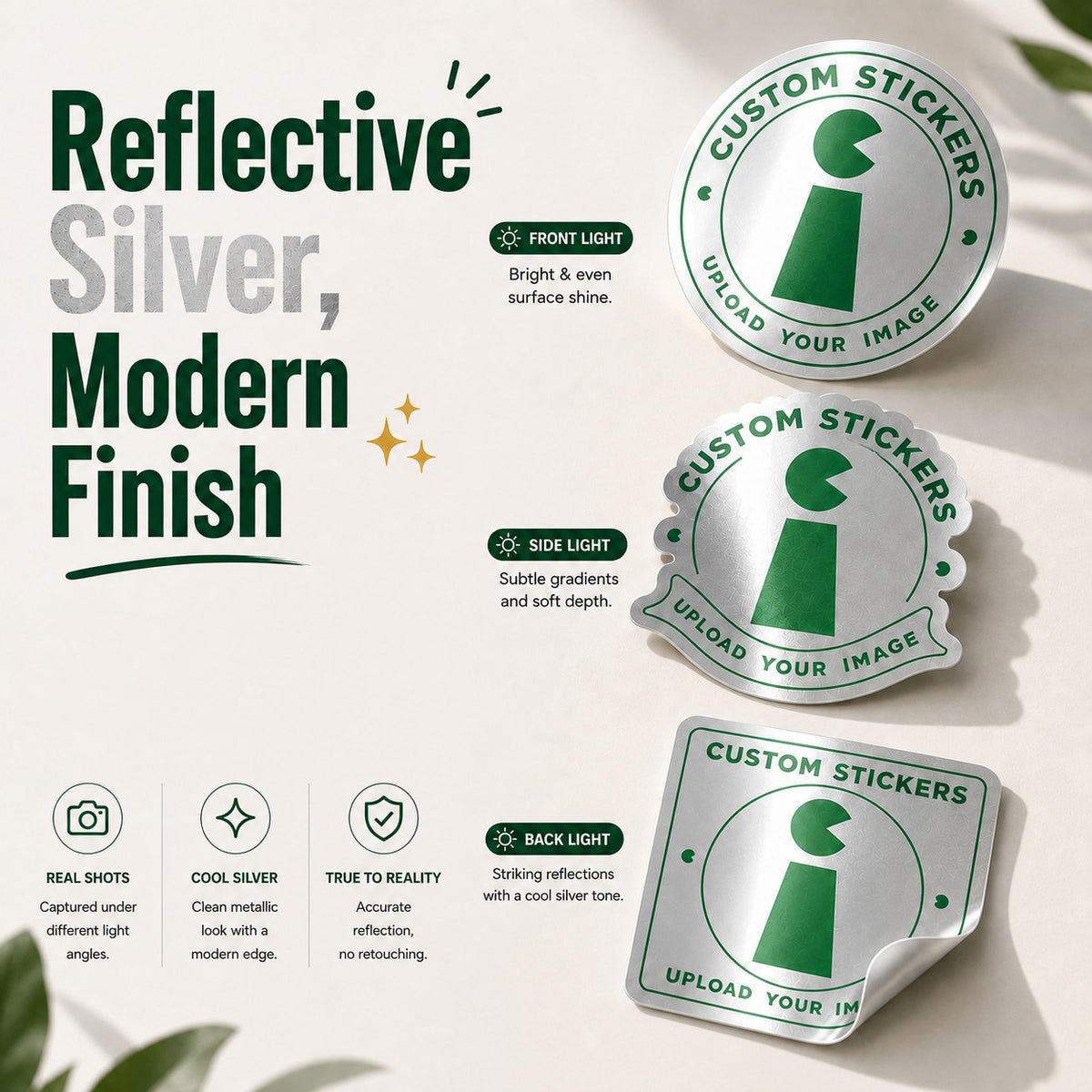 Reflective silver metallic sticker finish