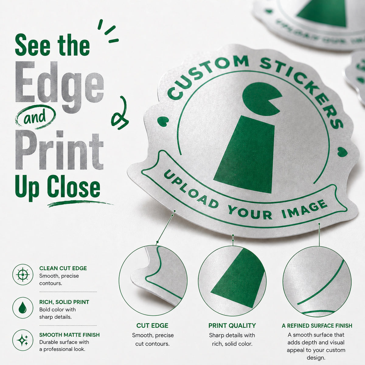 Silver metallic sticker edge and print close-up