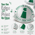 Silver metallic sticker edge and print close-up