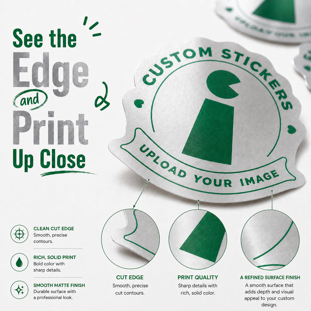 Silver metallic sticker edge and print close-up