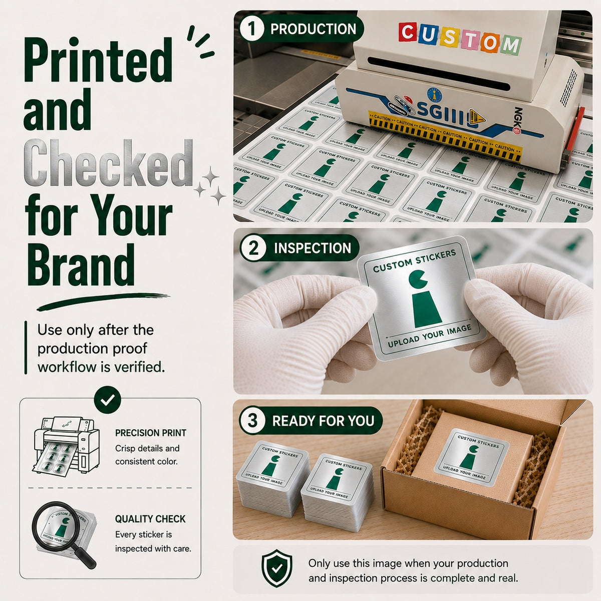 Silver metallic sticker printing and quality check workflow