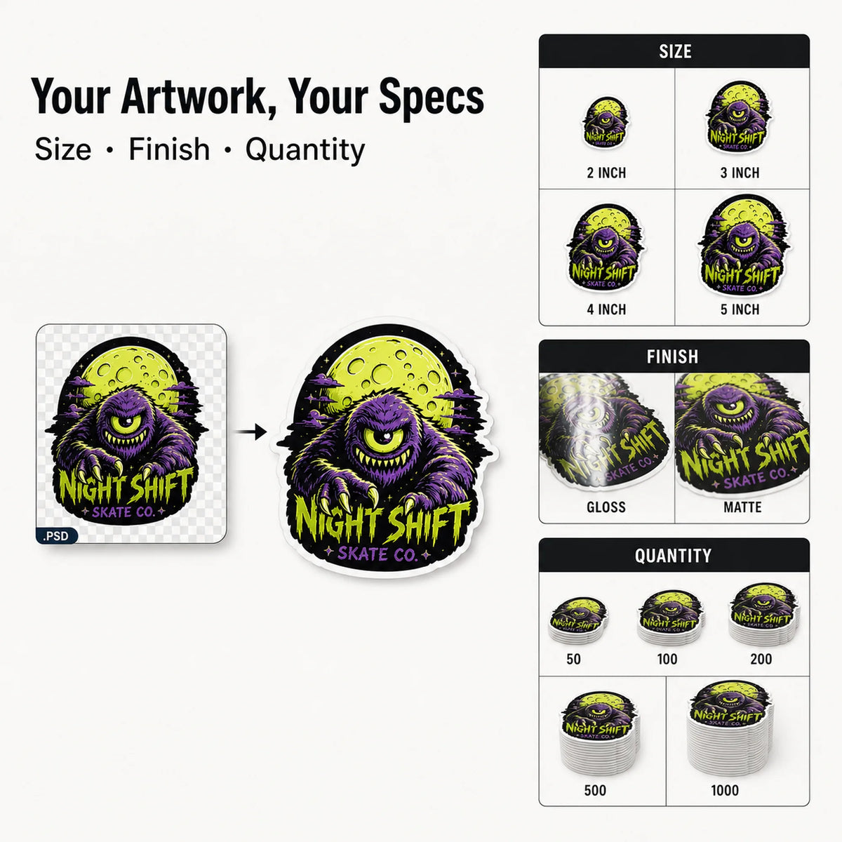 Skateboard Stickers — artwork, finish, and quantity options