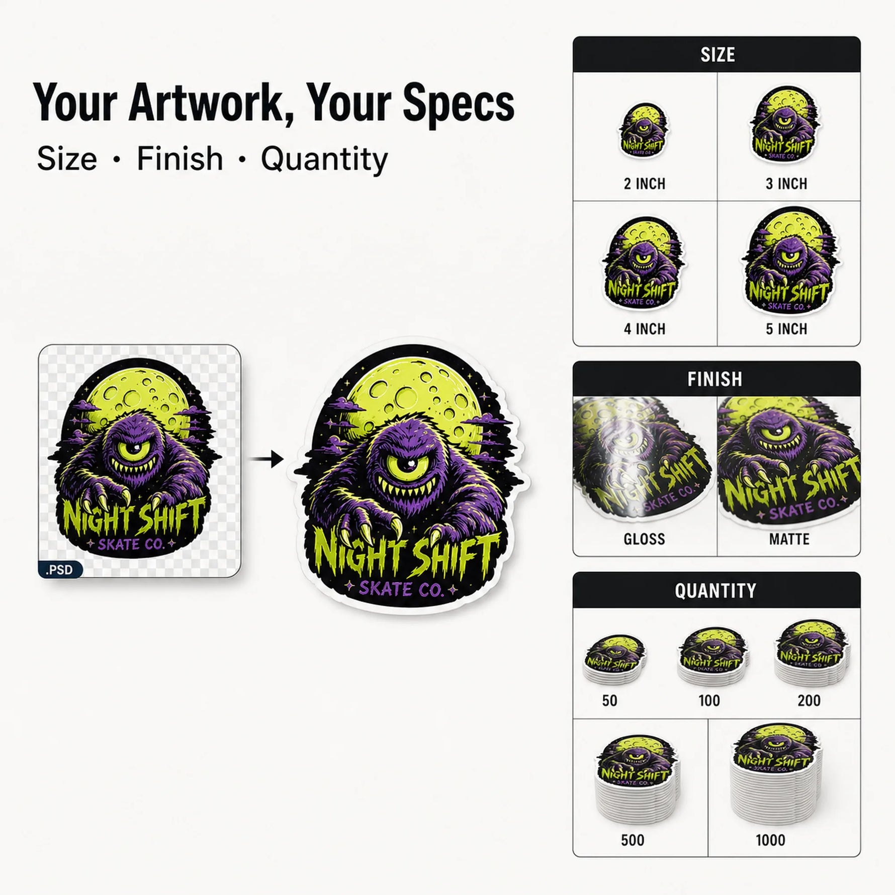 Skateboard Stickers — artwork, finish, and quantity options
