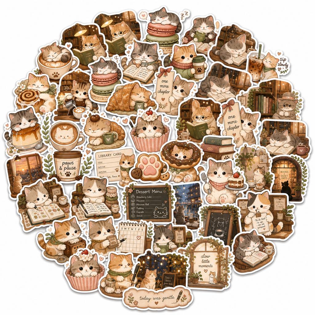 Cozy Cat Cafe Stickers – 50 Pcs