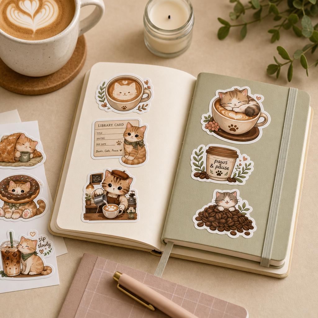 Cozy Cat Cafe Stickers – 50 Pcs
