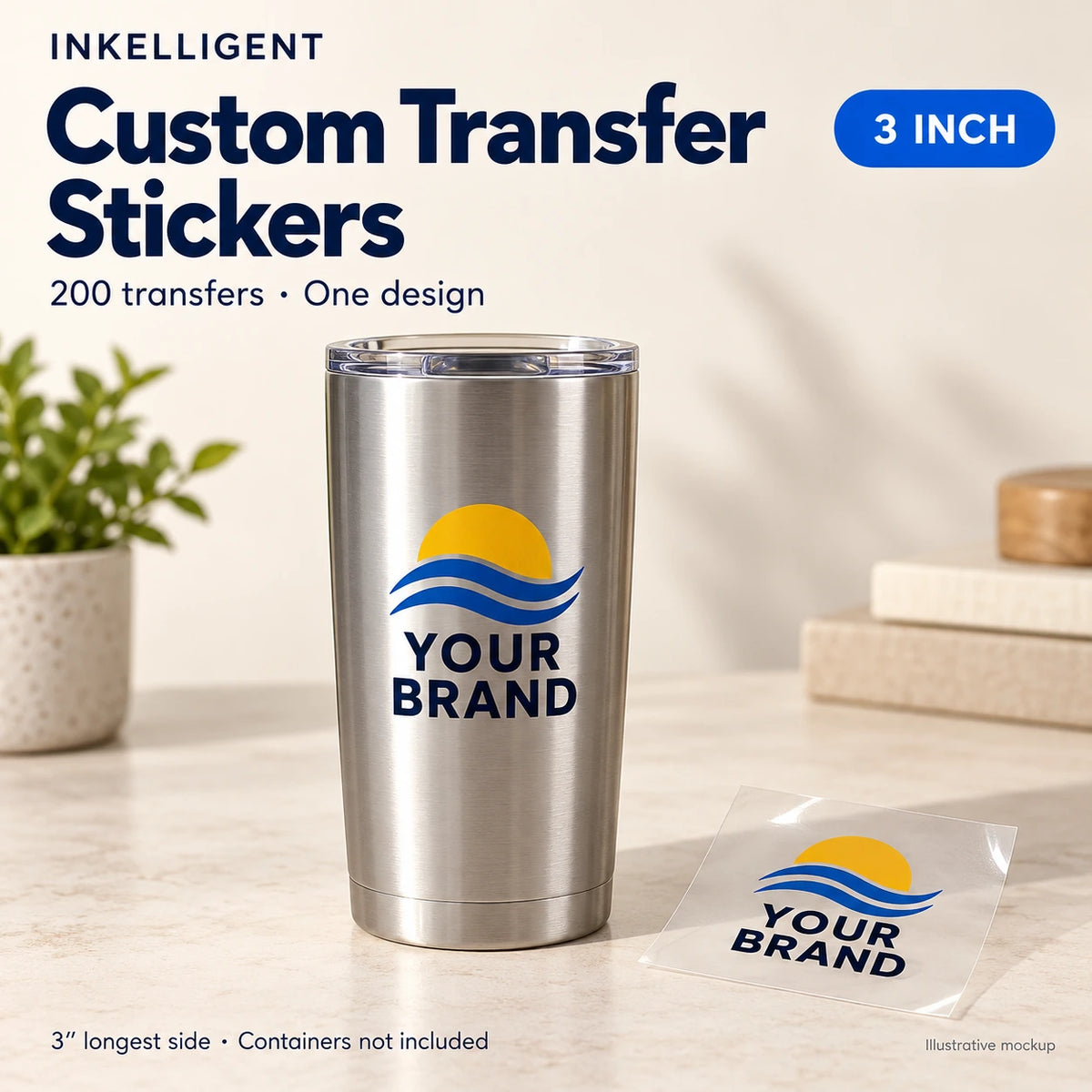 3-inch custom transfer stickers — pack of 200, one design; illustrative mockup, container not included
